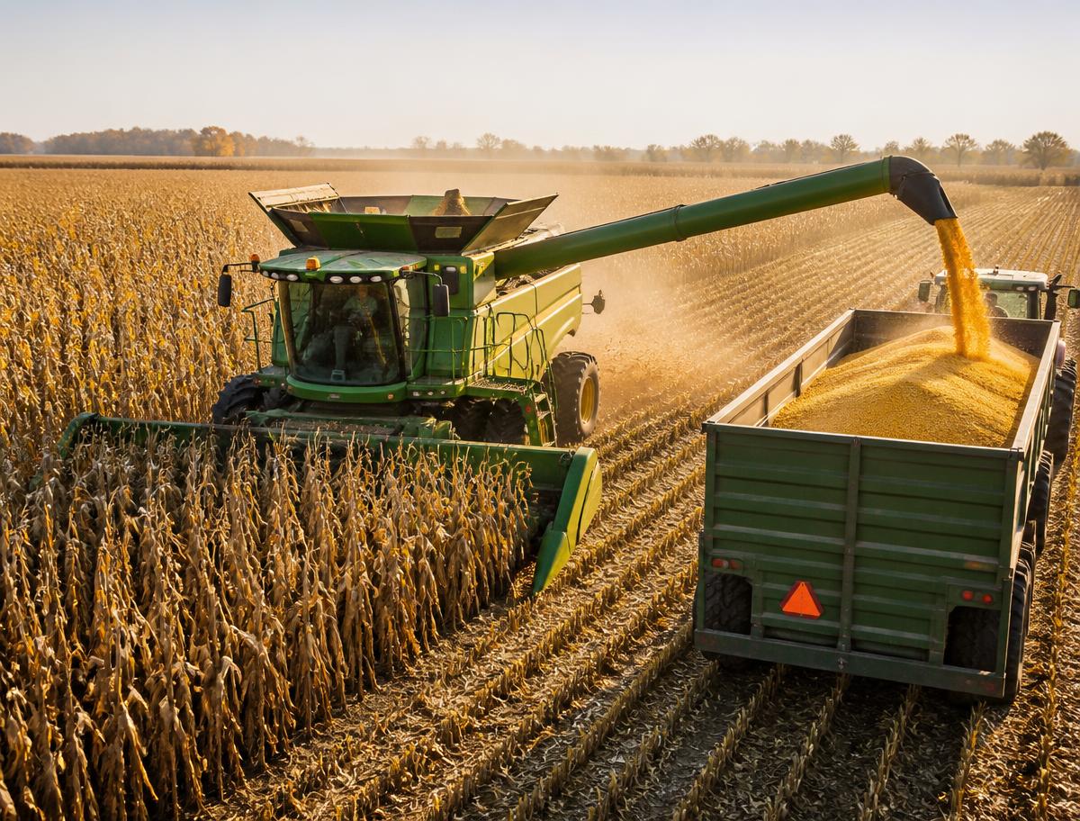 Corn harvest with grain unloaded into a trailer