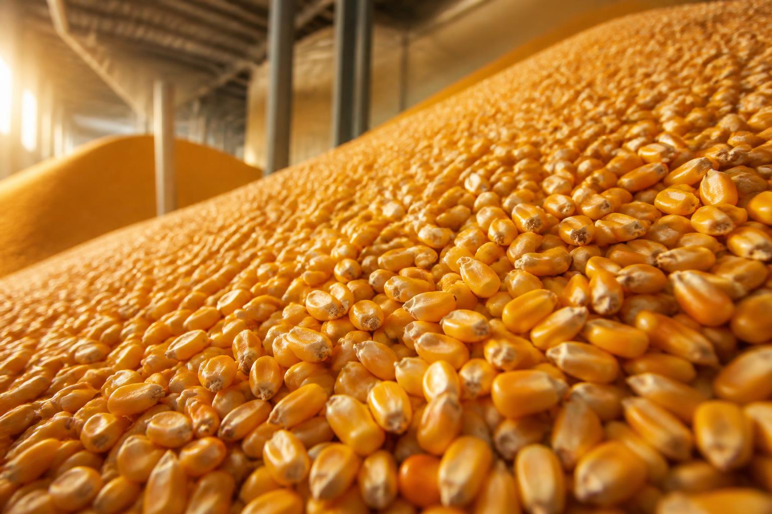 Bulk clean dry yellow corn kernels in a commercial grain storage facility