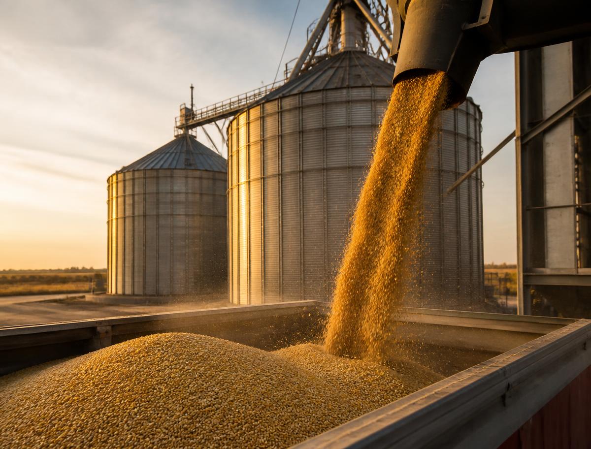 Bulk corn grain loading into a truck at a grain terminal with silos