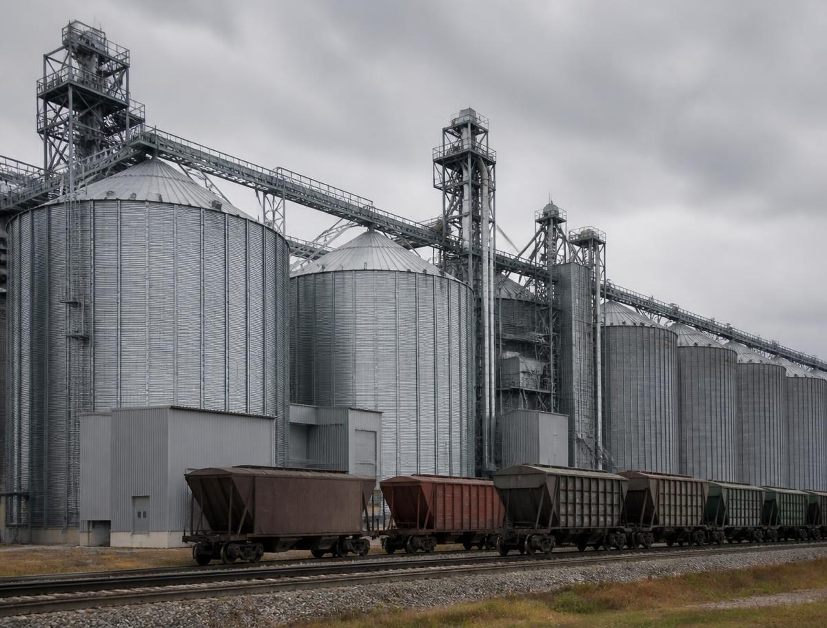 Commercial grain silos with rail freight wagons
