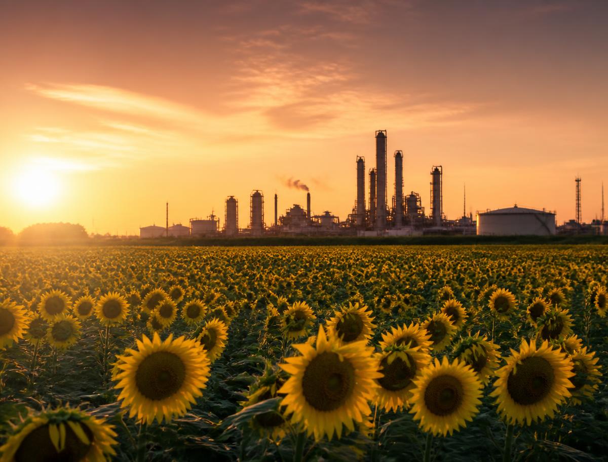 Sunflower field with a refinery at sunset