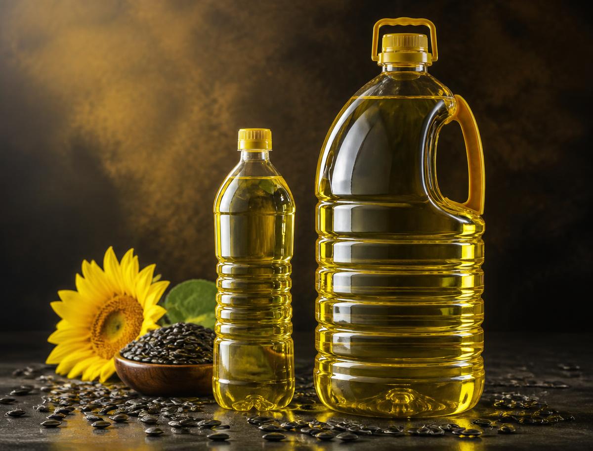 Refined sunflower oil in one and five litre bottles